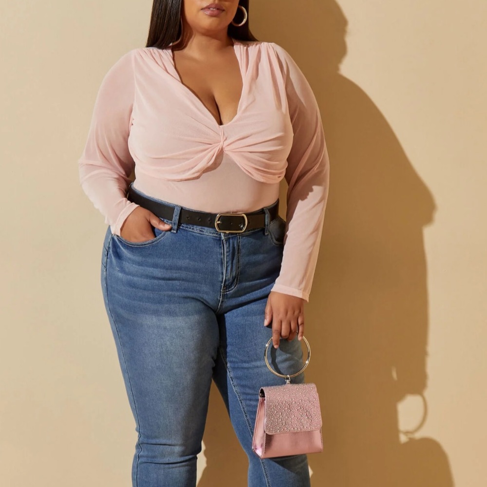 Plus ASHLEY STEWART Blush Pink Gathered Mesh Bodysuit 14/16